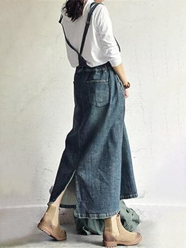 Vintage-Inspired Denim Overall Dress with Back Slit