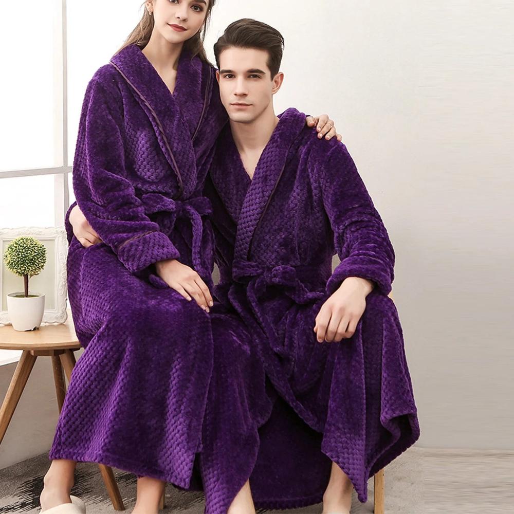 Unisex Fleece Winter Bathrobe with Pockets and Belt