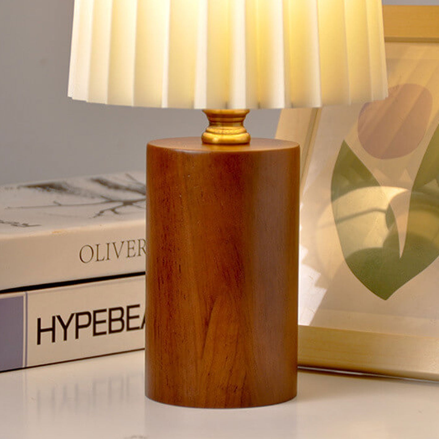 Vintage Korean Pleated Table Lamp with Solid Wood Base