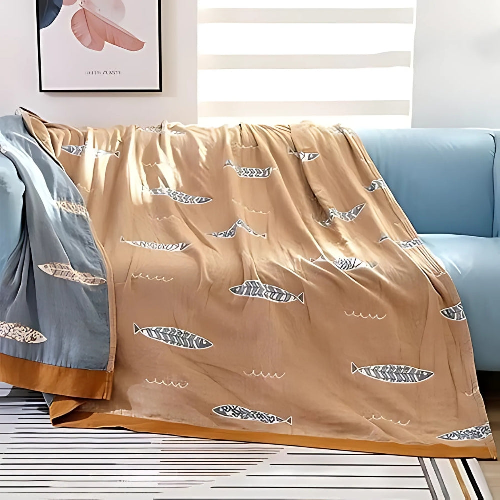 Reversible Golden Fish Cotton Gauze Blanket