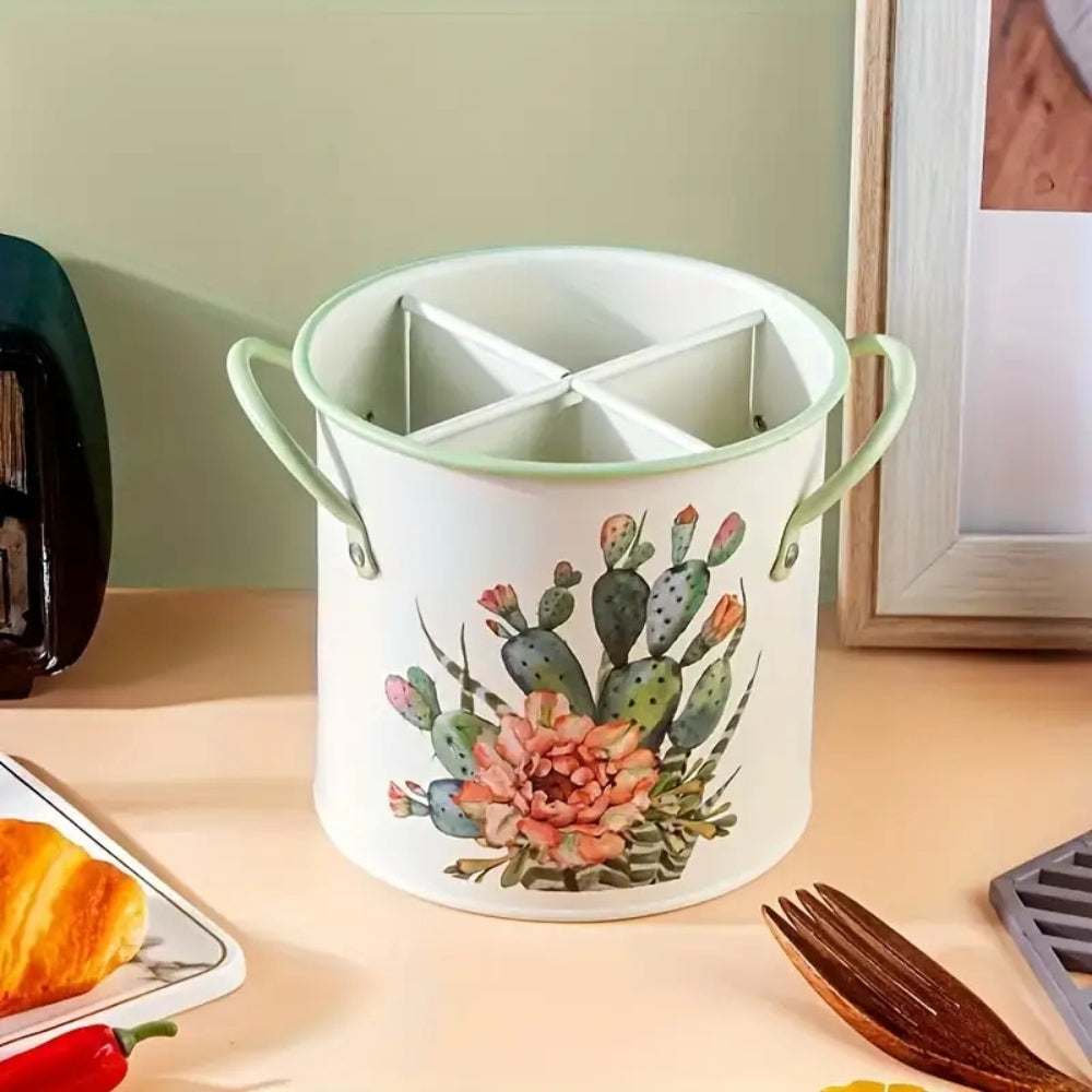 Retro Floral Utensil Storage Basket with Divider Lid