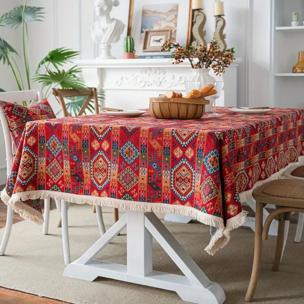 Bohemian Jacquard Tablecloth with Fringe Accents