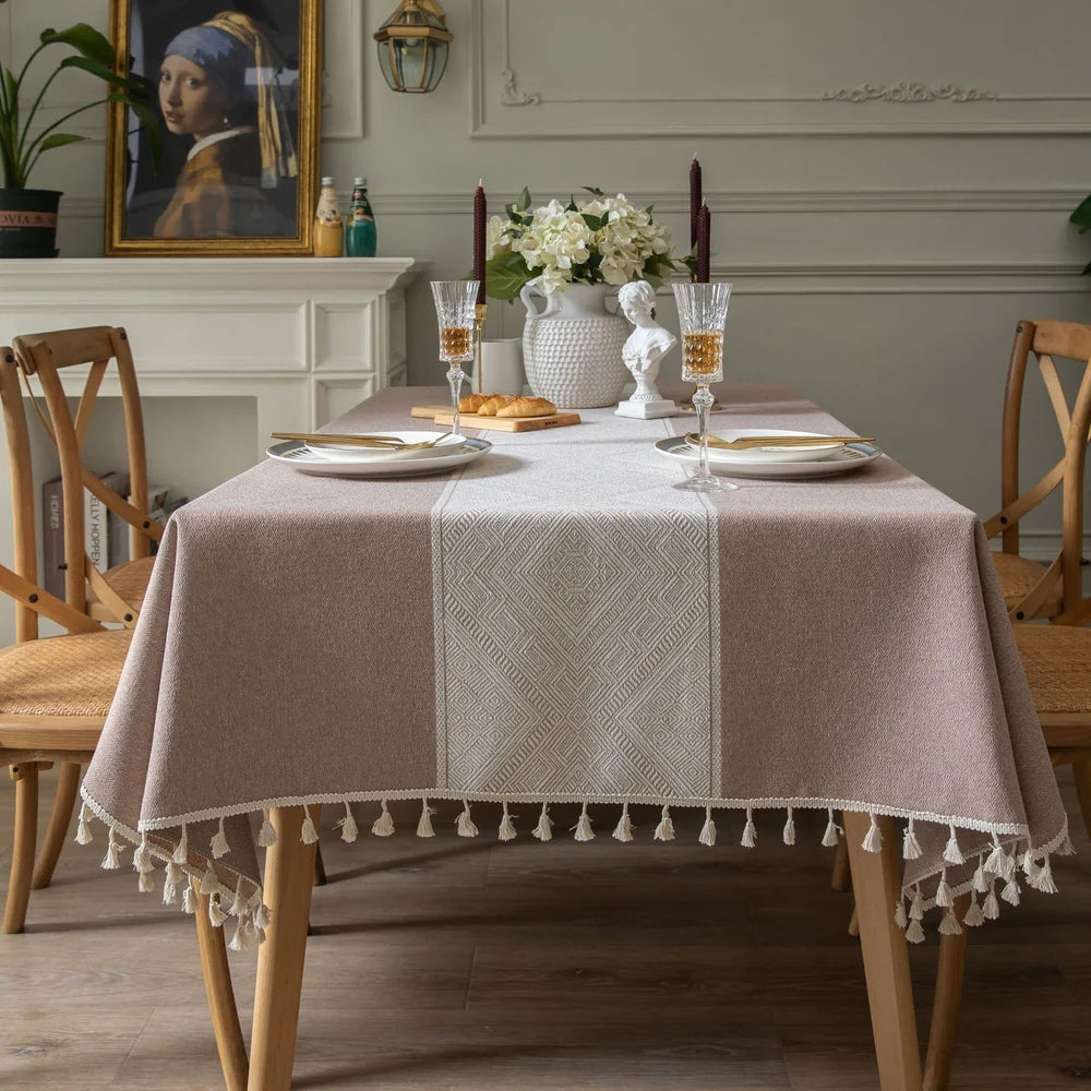 Geometric Jacquard Tablecloth with Tassel Fringe