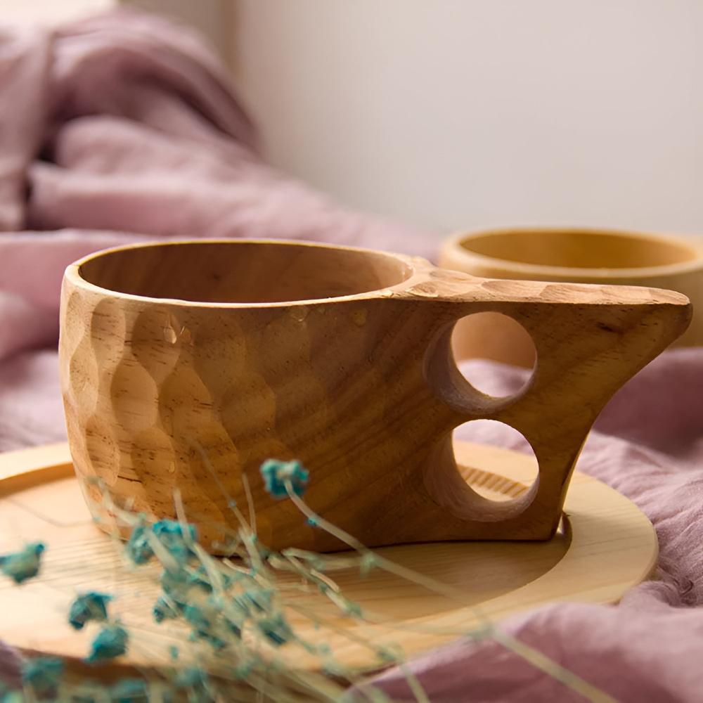 Natural Rubberwood Handcrafted Mug Set