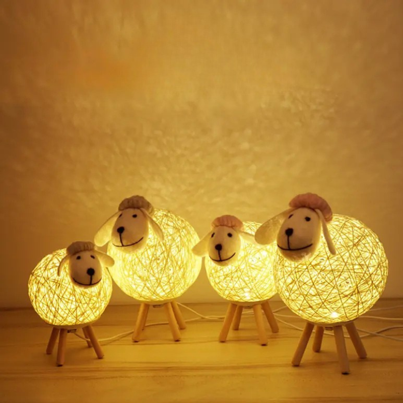 Sheep-Shaped Night Lamp with Woven Shade and Wooden Base