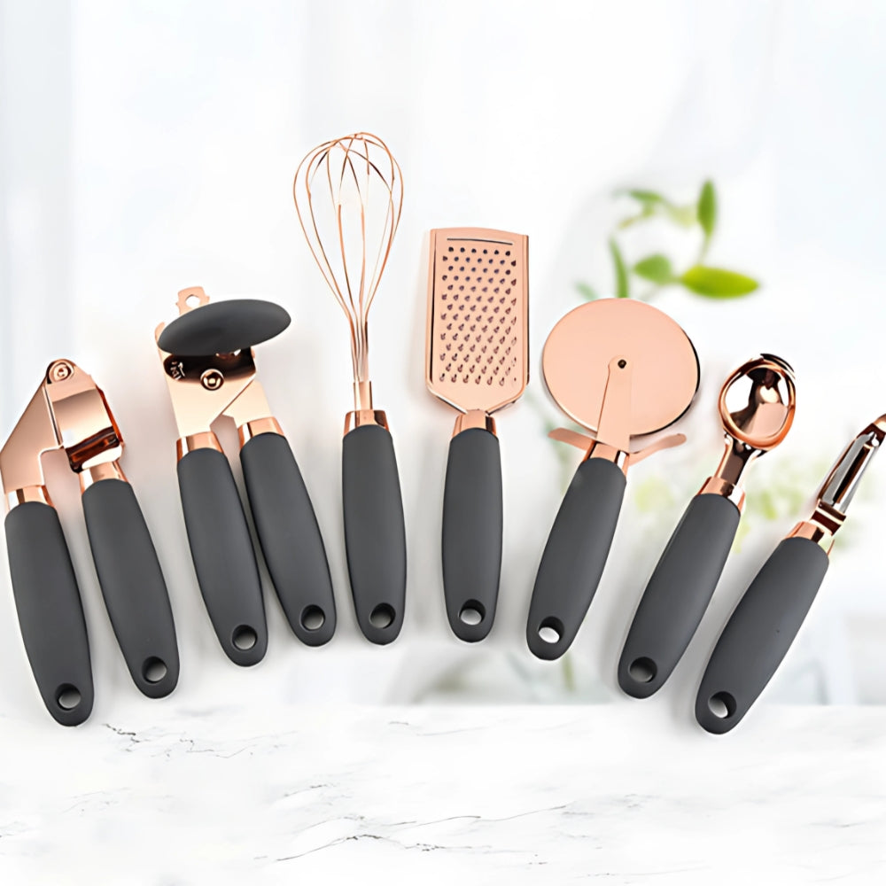 Rose Gold Stainless Steel Cooking Utensil Set with Silicone Handles