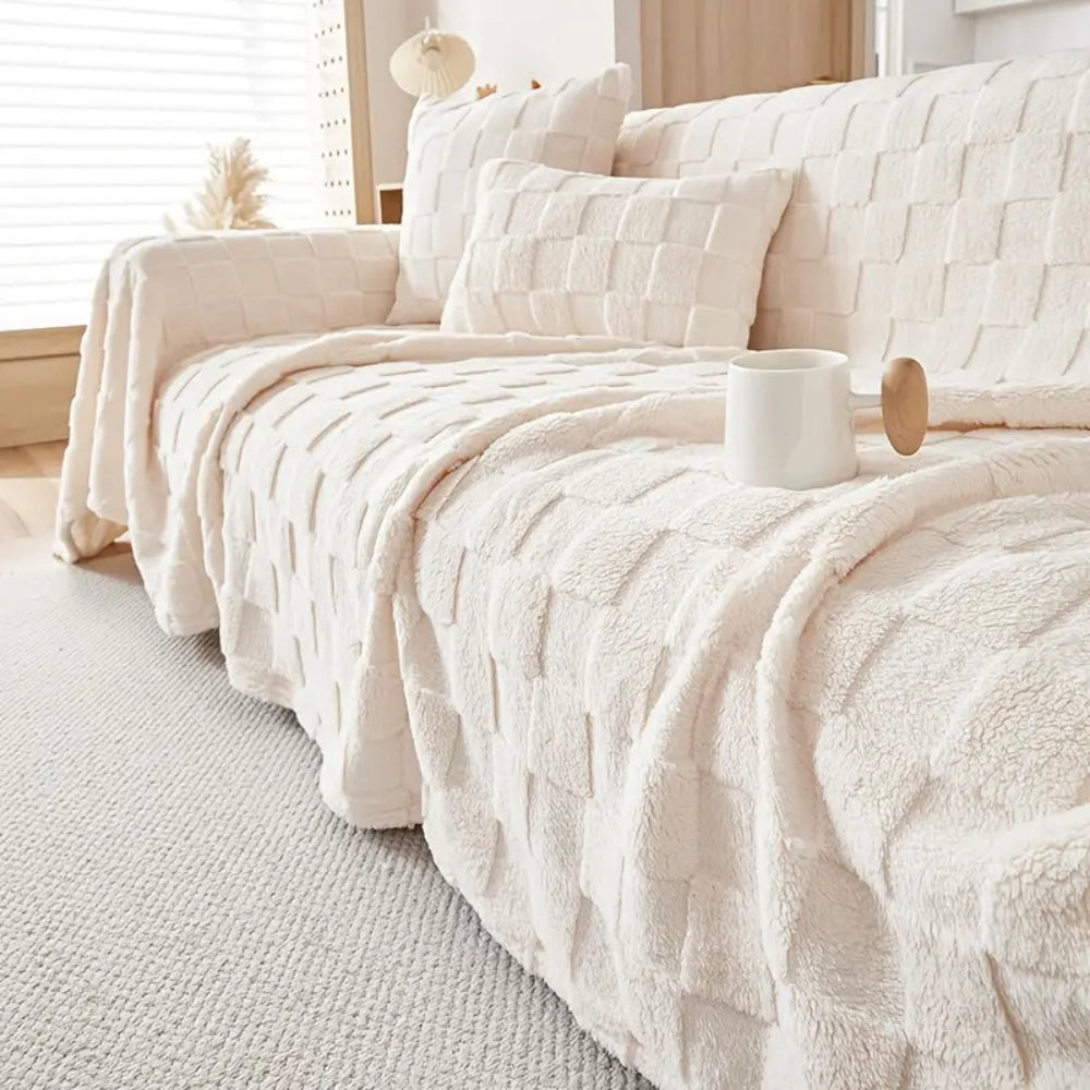 Checkered Plush Velvet Sofa Cover for Pet-Friendly Protection