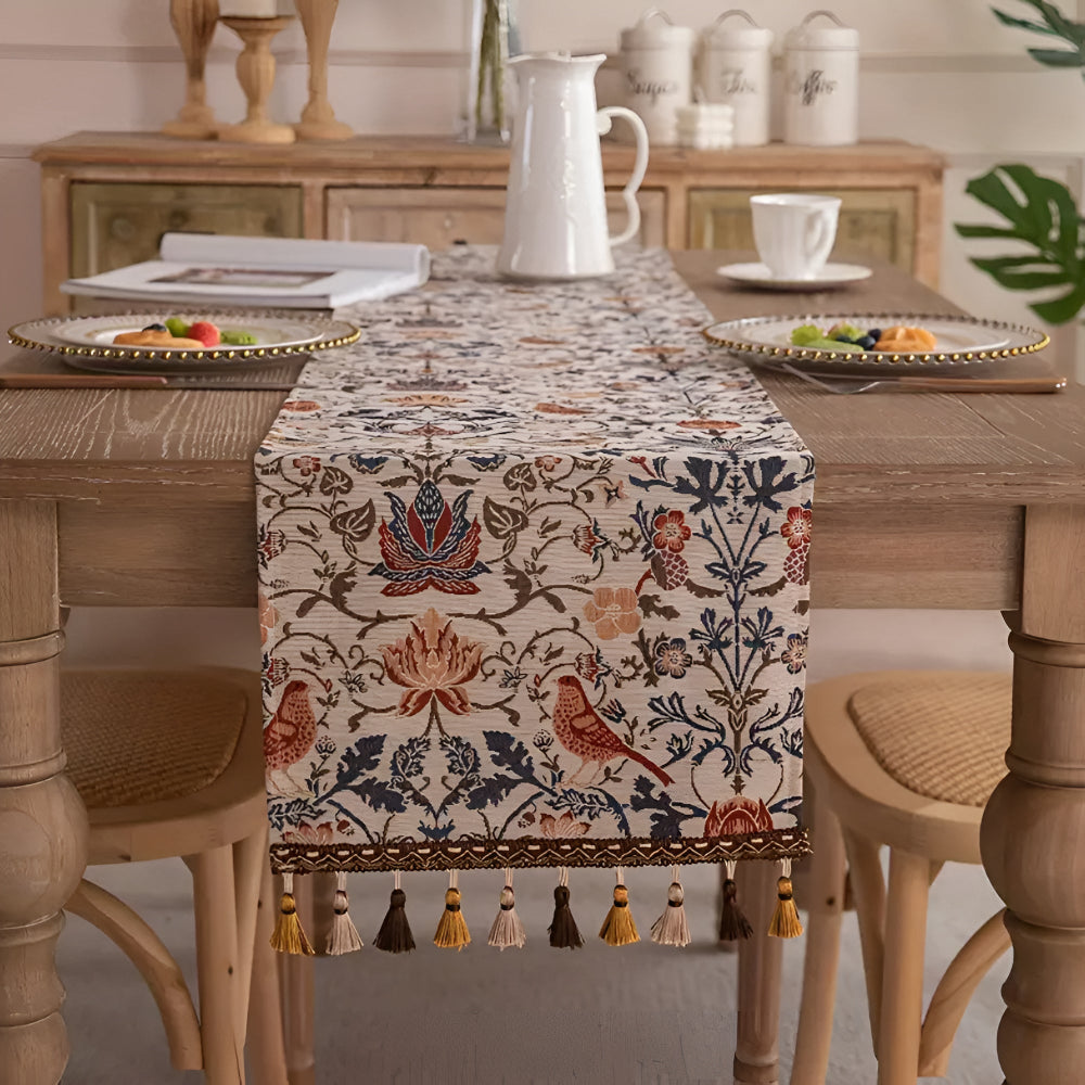 Vintage Floral Bird Jacquard Table Runner with Tasselled Edges