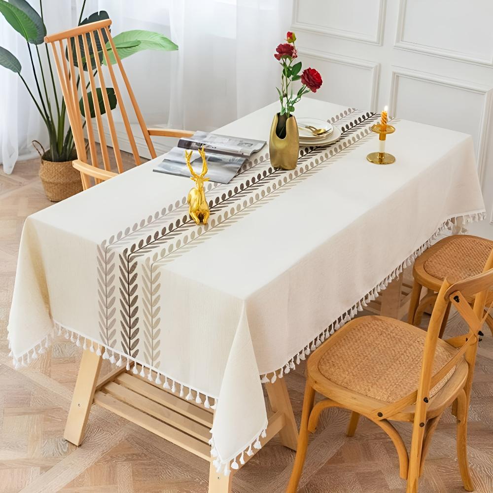 Embroidered Leaf Tablecloth with Tassel Edges