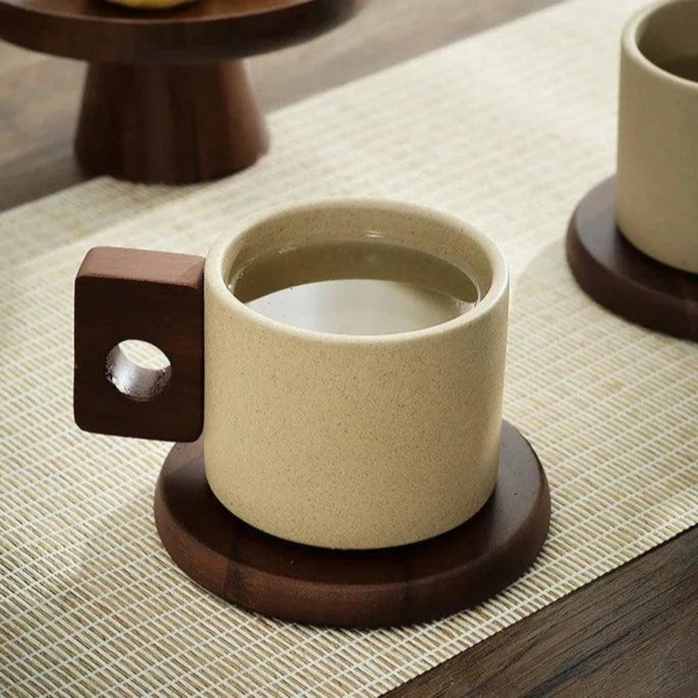 Modern Ceramic Mug with Wooden Handle