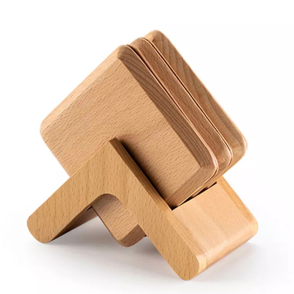 Sleek Wooden Coaster Set with Holder - 6 Natural Finish Coasters