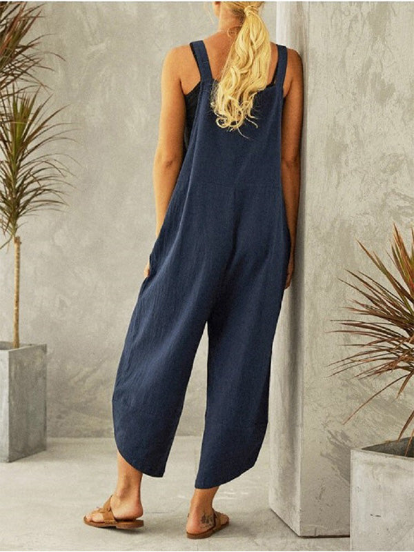 Sleeveless Buttoned Women's Casual Jumpsuit with Pockets