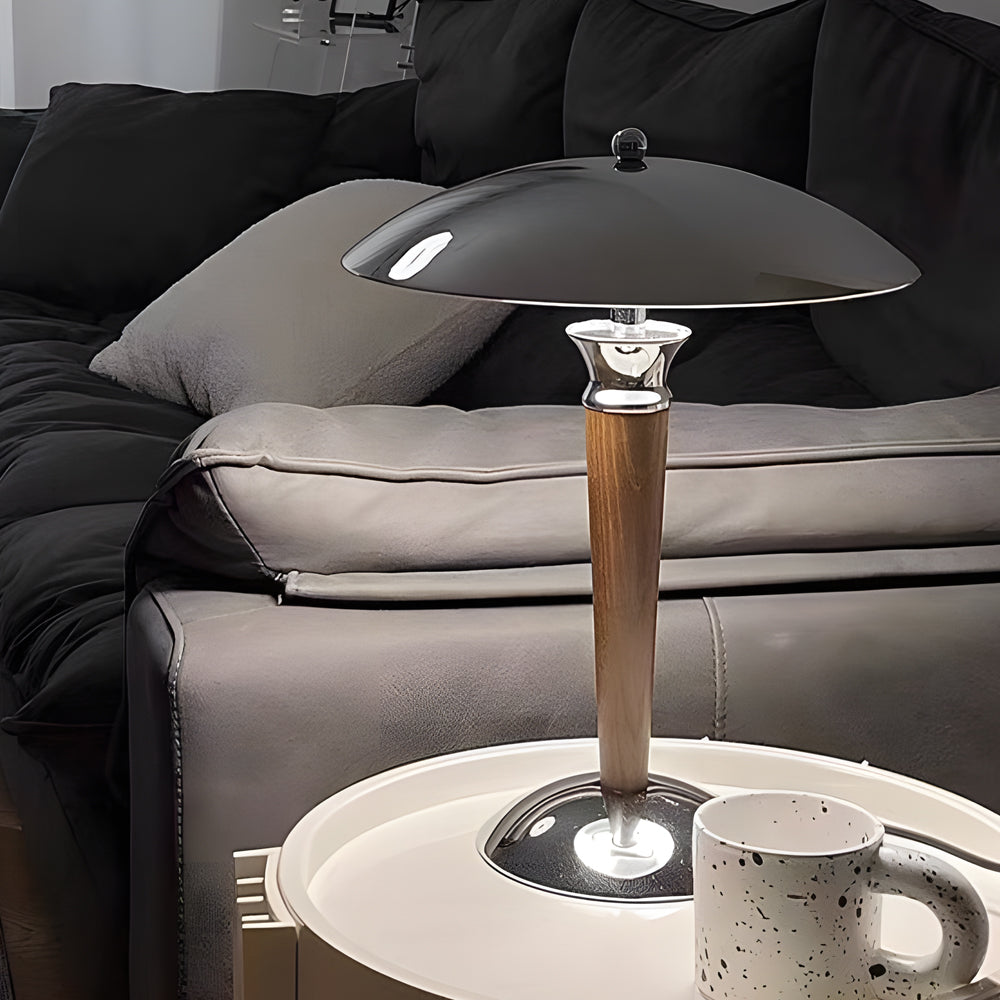 Retro Mushroom Table Lamp with Dimming Function in Chrome and Wood