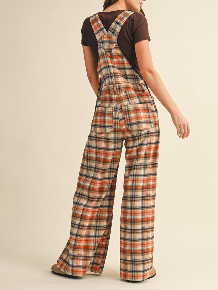 Plaid Wide-Leg Overalls with Adjustable Straps