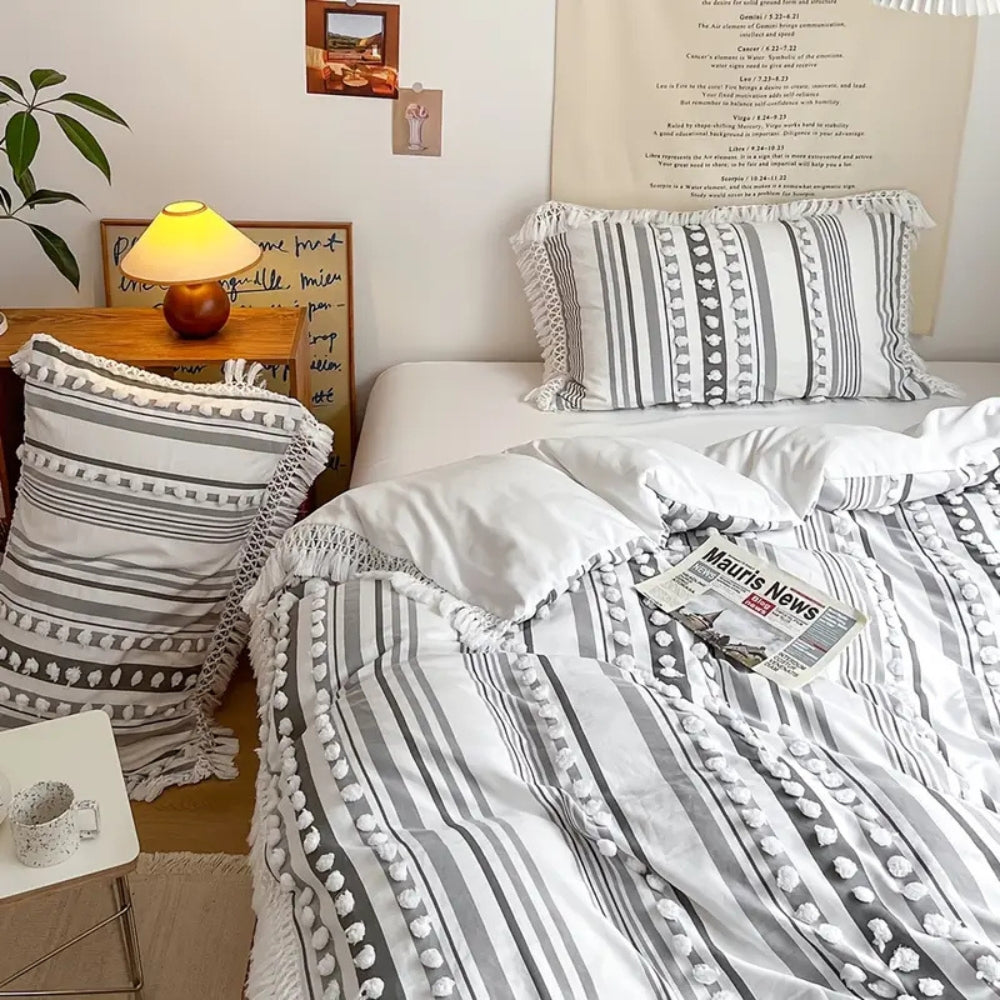 Soft Stripe Tassel Duvet Set - Cotton Microfiber Blend