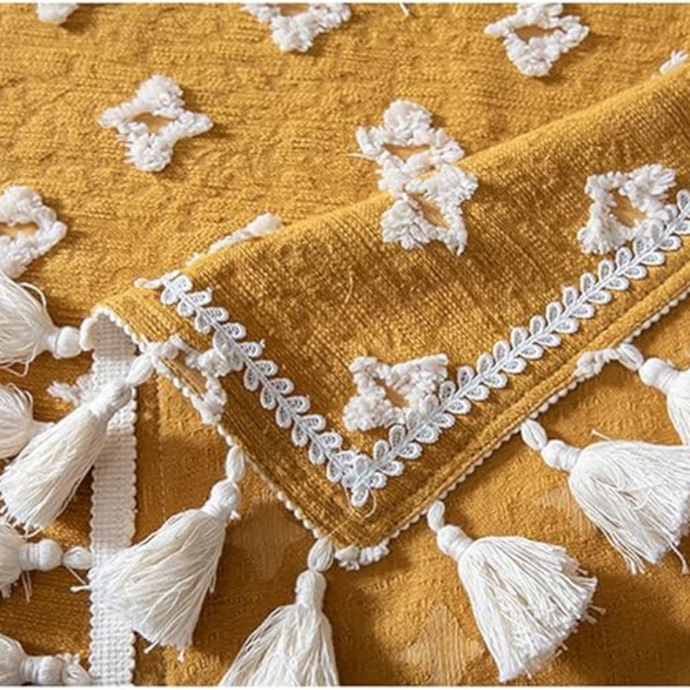 Yellow Embroidered Cotton Tablecloth with Tassels