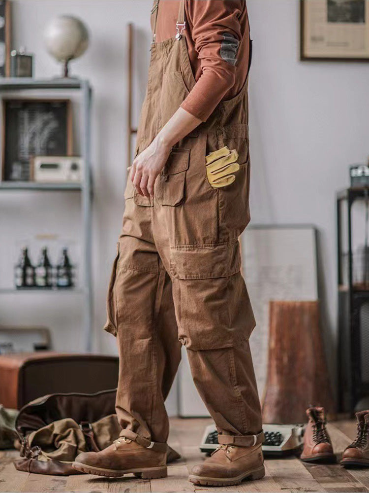 100% Cotton Loose Fit Tapered Leg Overalls with Zipper Pockets