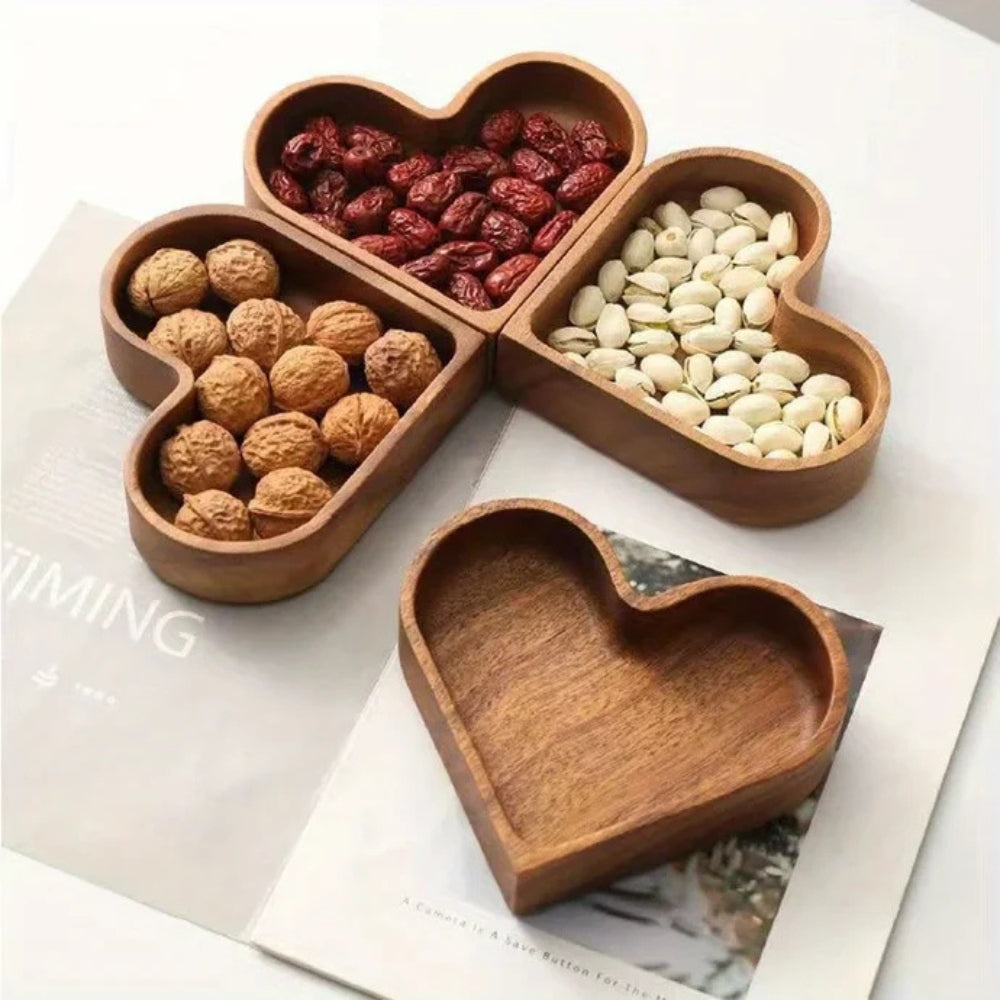 Heart-Shaped Solid Nut Wood Snack Trays - Set of 4