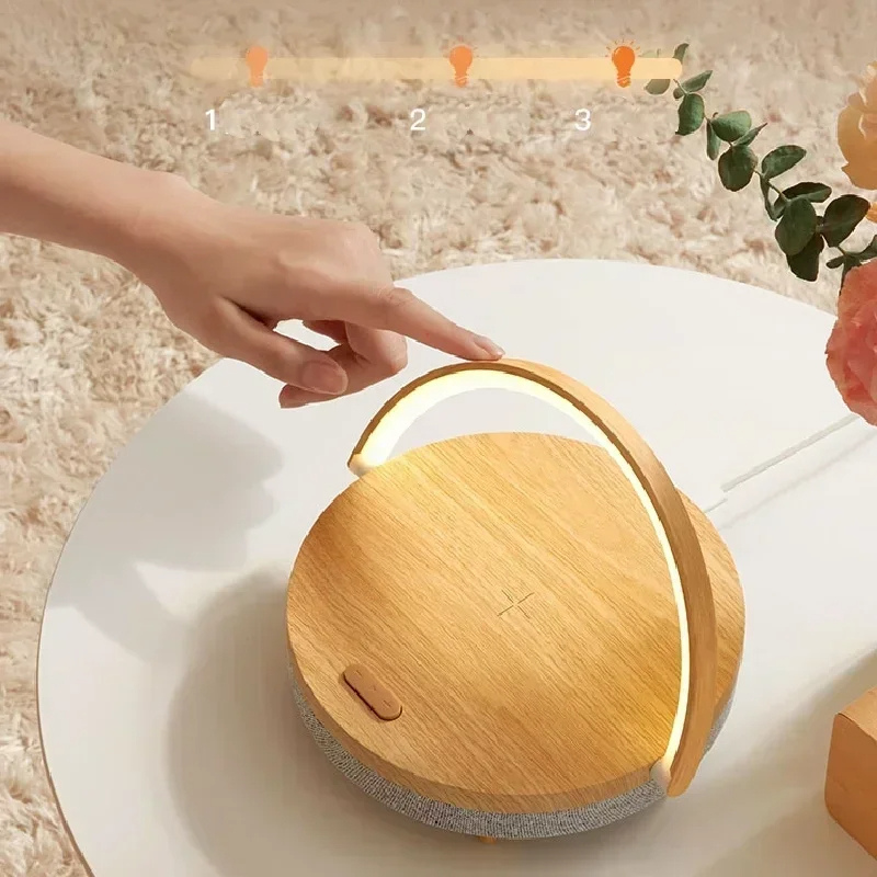 Multifunctional Wooden Table Lamp with Bluetooth Speaker and Wireless Charger