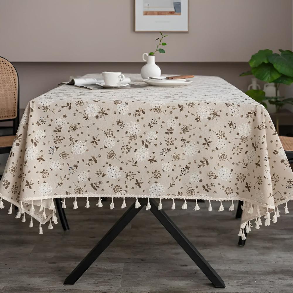 Beige Bohemian Floral Tassel Tablecloth