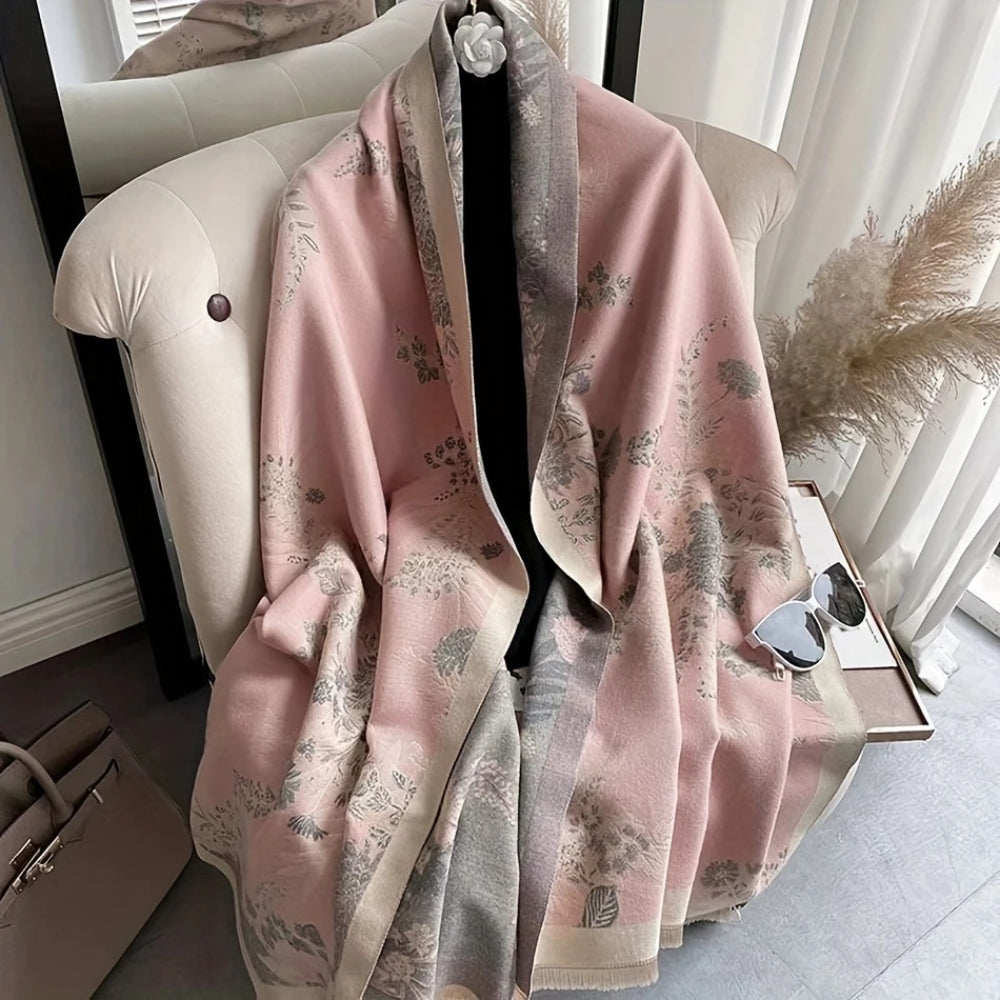 Reversible Floral Jacquard Scarf with Fringe Detail