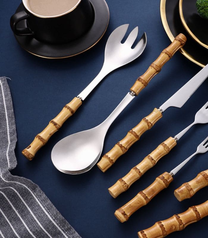 Bamboo Handle Stainless Steel Salad Serving Set