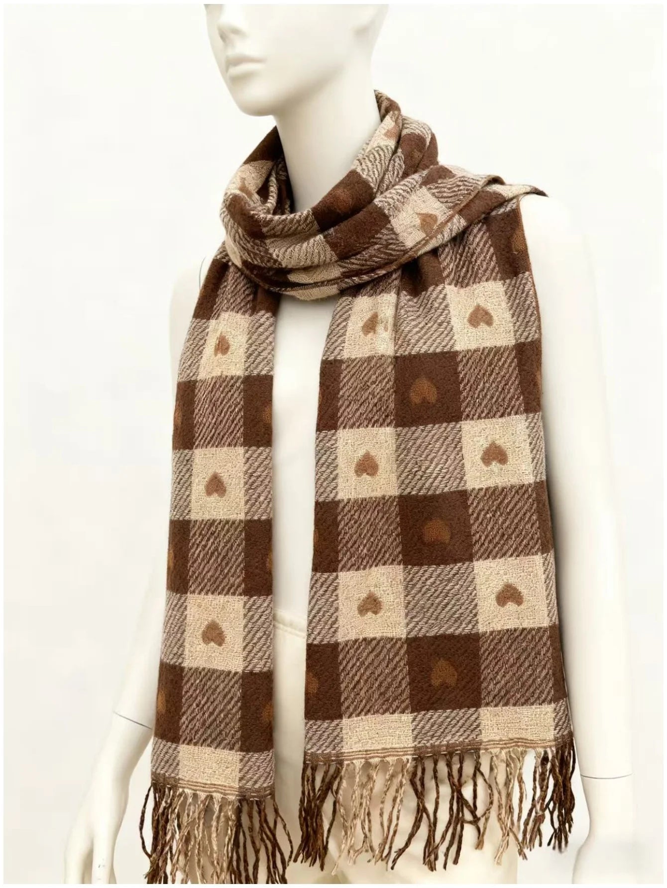 Long Checked Winter Scarf Shawl with Fringed Ends