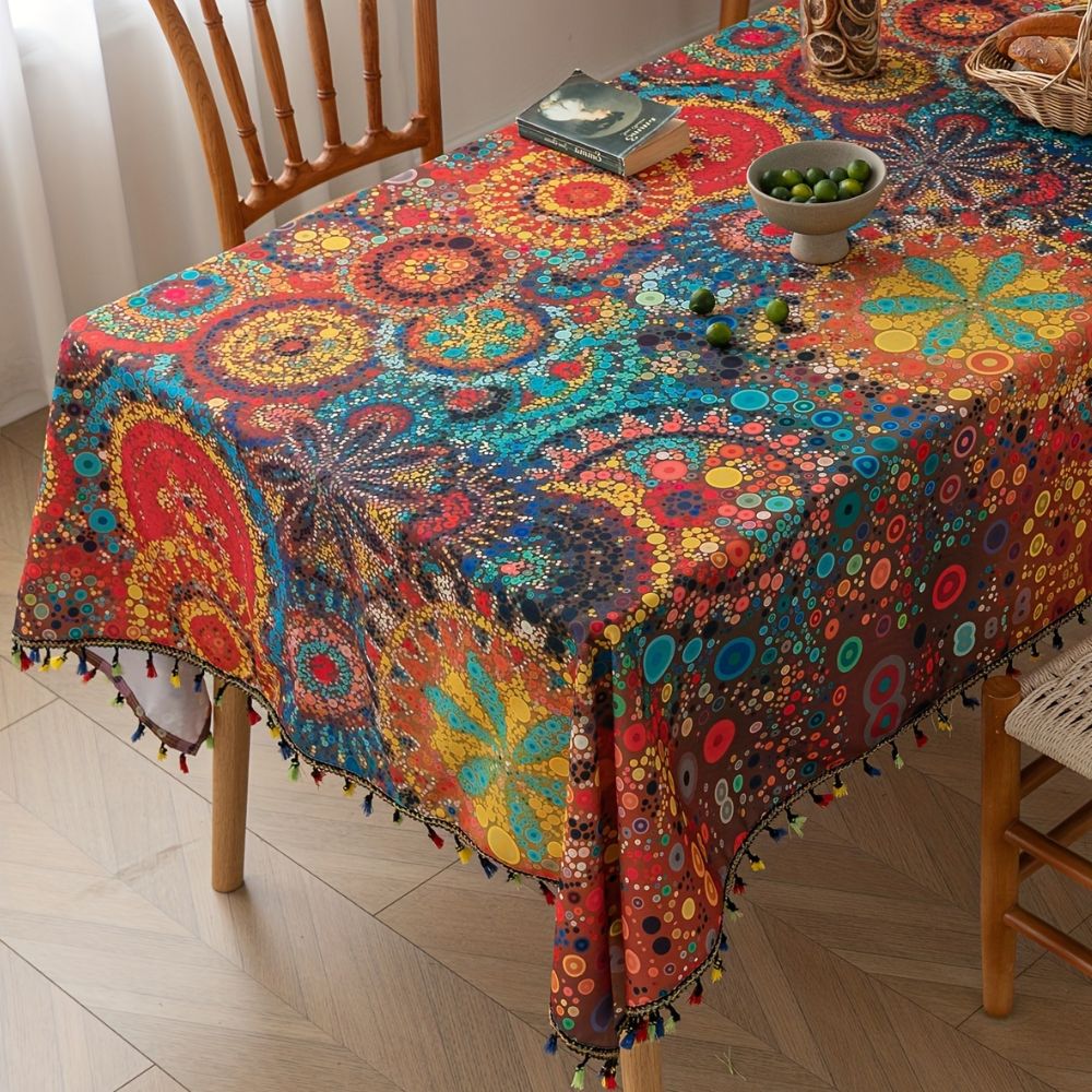 Bohemian Tassel Tablecloth with Water-Resistant Finish