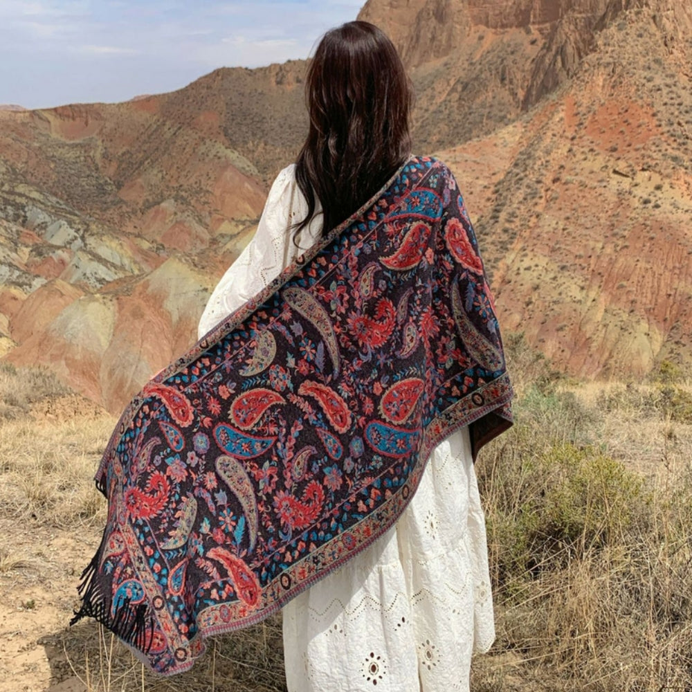 Double-Sided Paisley Poncho Shawl for Women