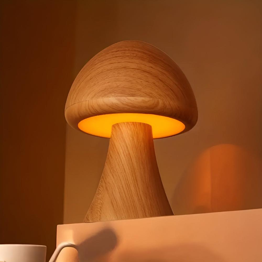 Rechargeable Wooden Mushroom Lamp with Adjustable Light Settings