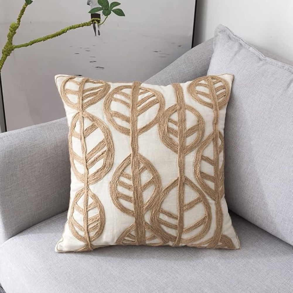Leaf Embroidery Cotton Cushion Cover with Jute Detail