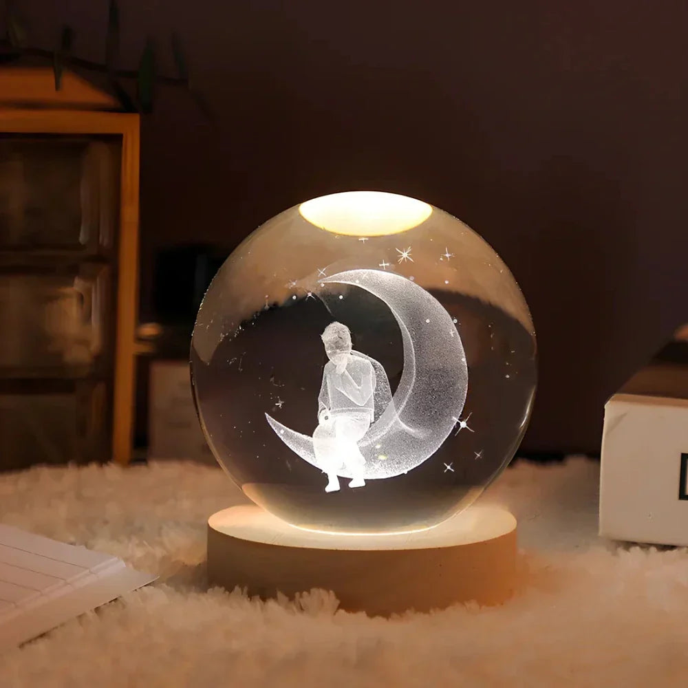 LED Night Light with 3D Crystal Sphere and Wooden Base