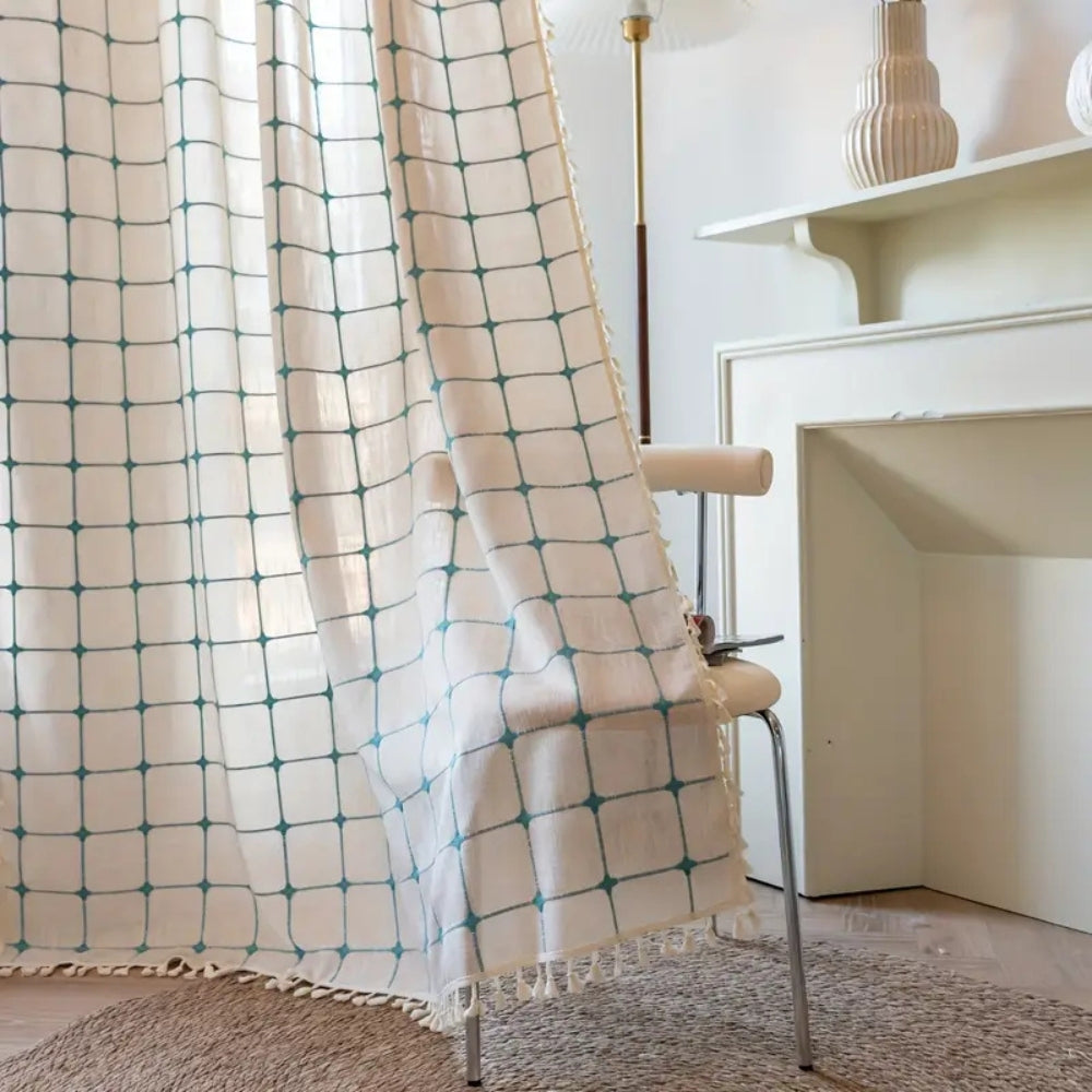 Turquoise Lattice Boho Tassel Semi-Blackout Curtain
