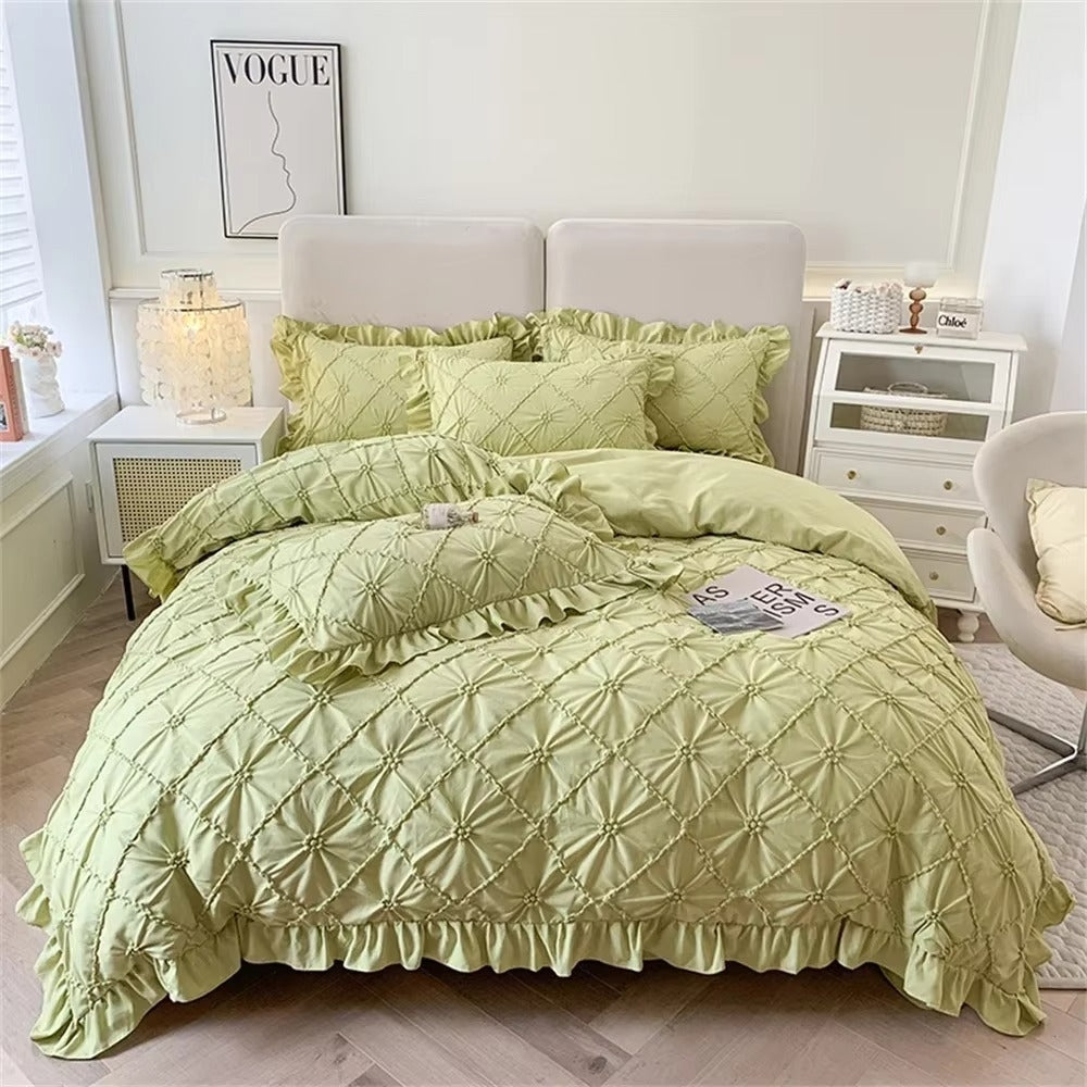 Cotton Plush Ruffle Bedding Set with Pinch Pleats