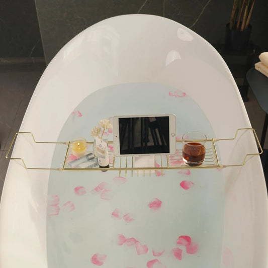 Adjustable Stainless Steel Bathtub Caddy Tray with Gold Finish