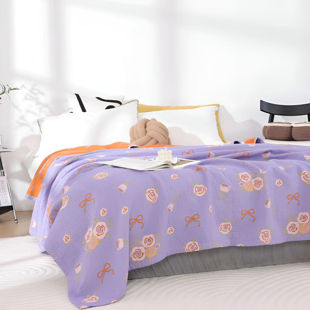 Reversible Bow-Knot and Rose Cotton Gauze Blanket