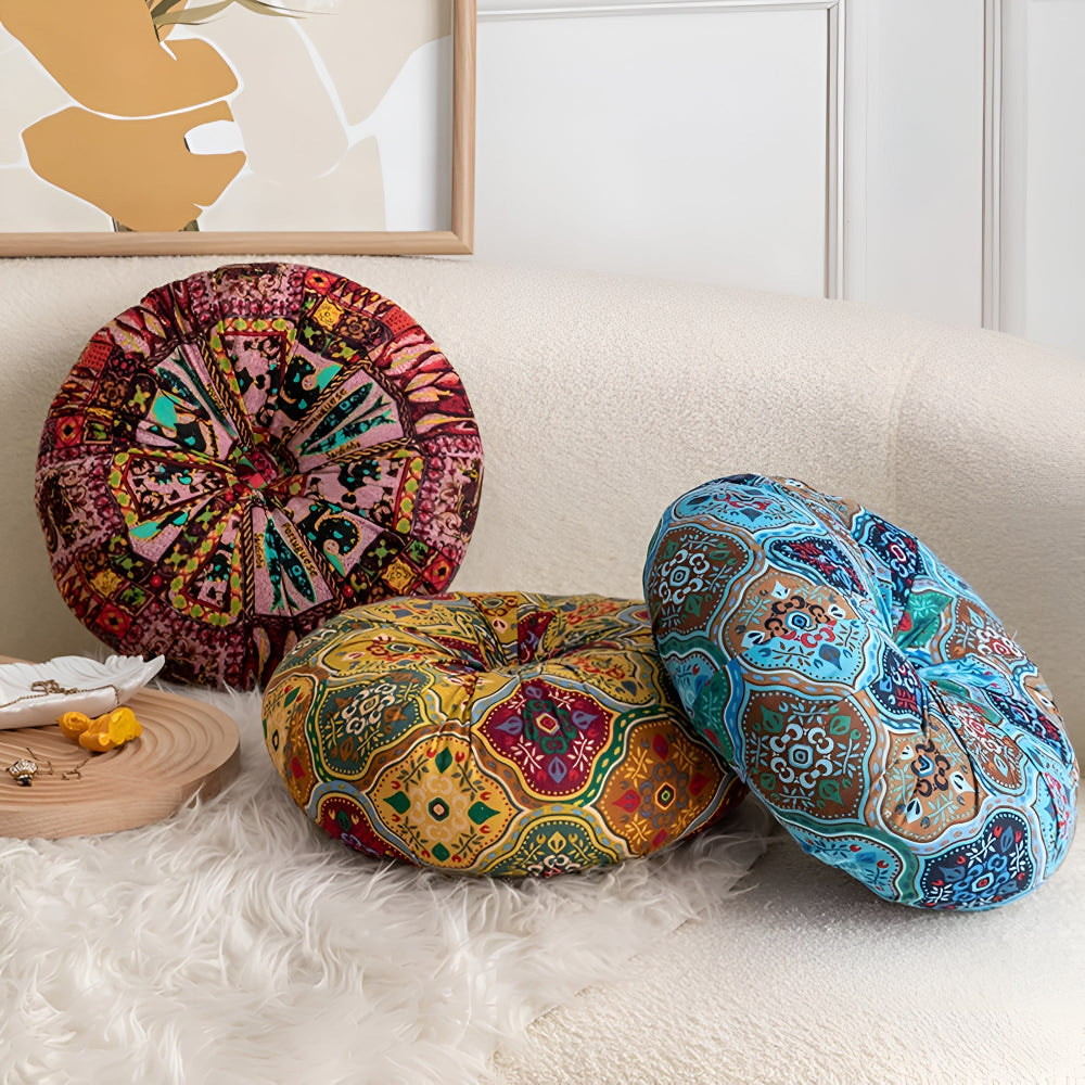 Boho Round Microfiber Seat Cushion with Geometric Patterns