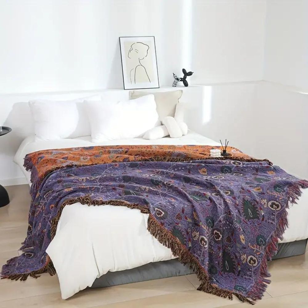 Peacock Pattern Cotton Tassel Throw Blanket