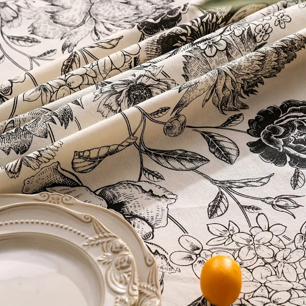Black Floral Tasseled Tablecloth for Rustic Dining