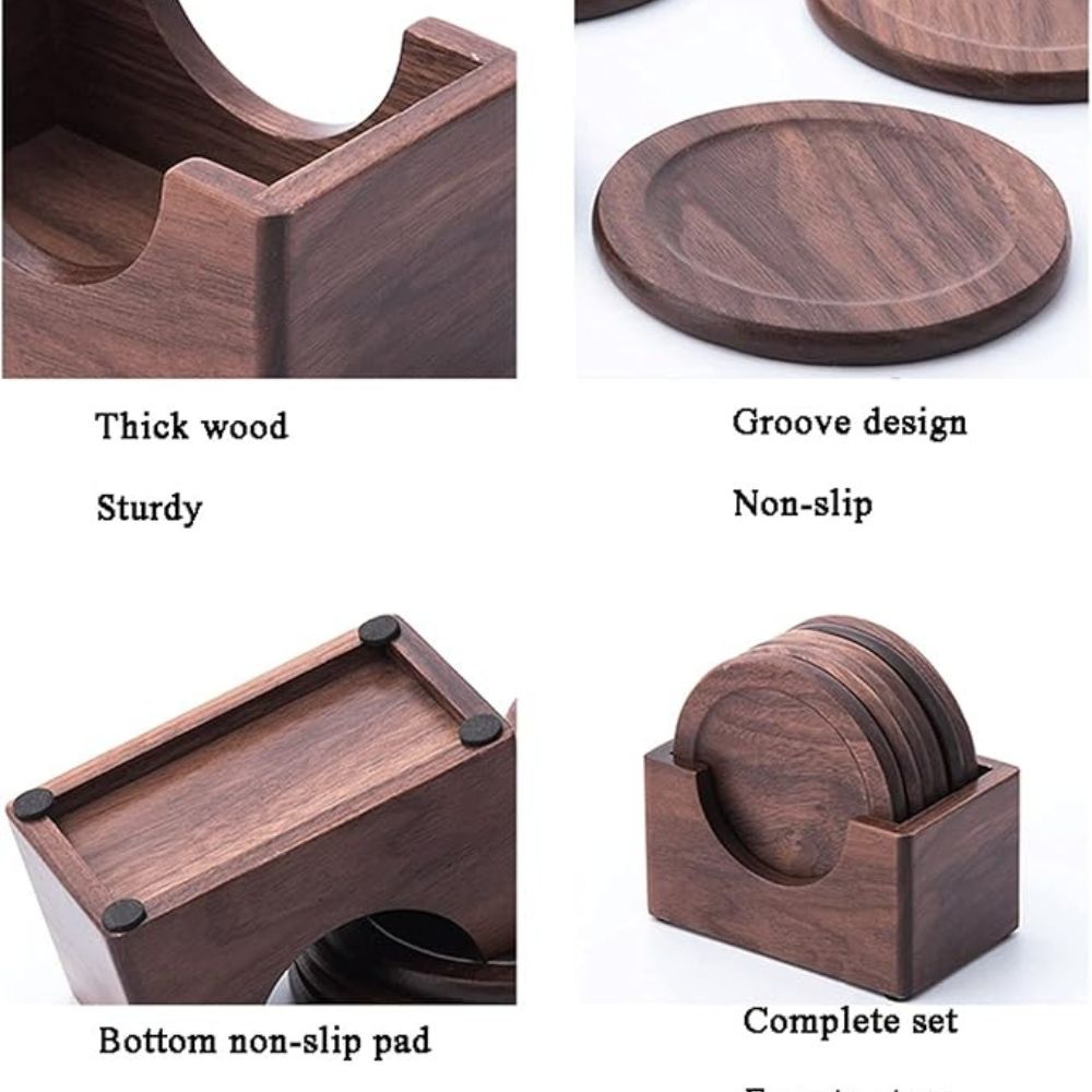 Japanese Walnut Wood Coaster Set - 6 Circular Coasters