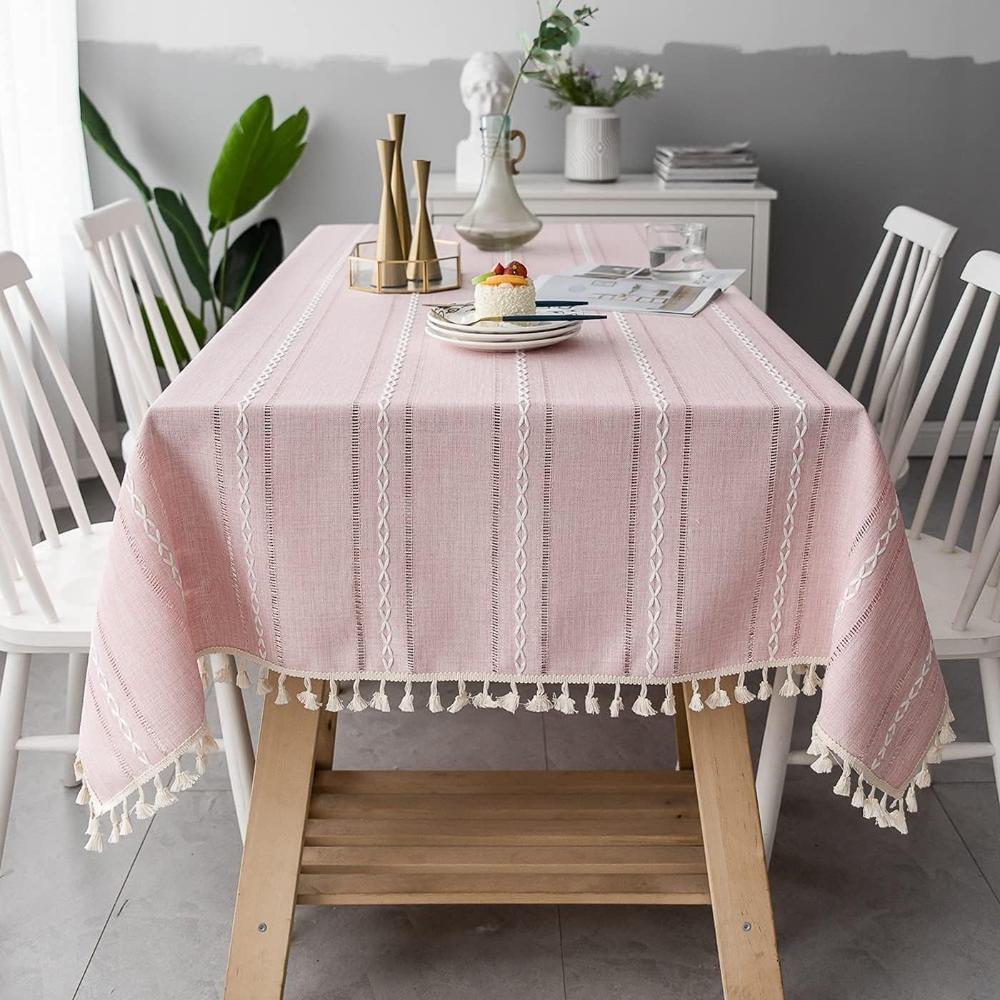 Elegant Striped Cotton Linen Tablecloth with Embroidery and Tassel Lace