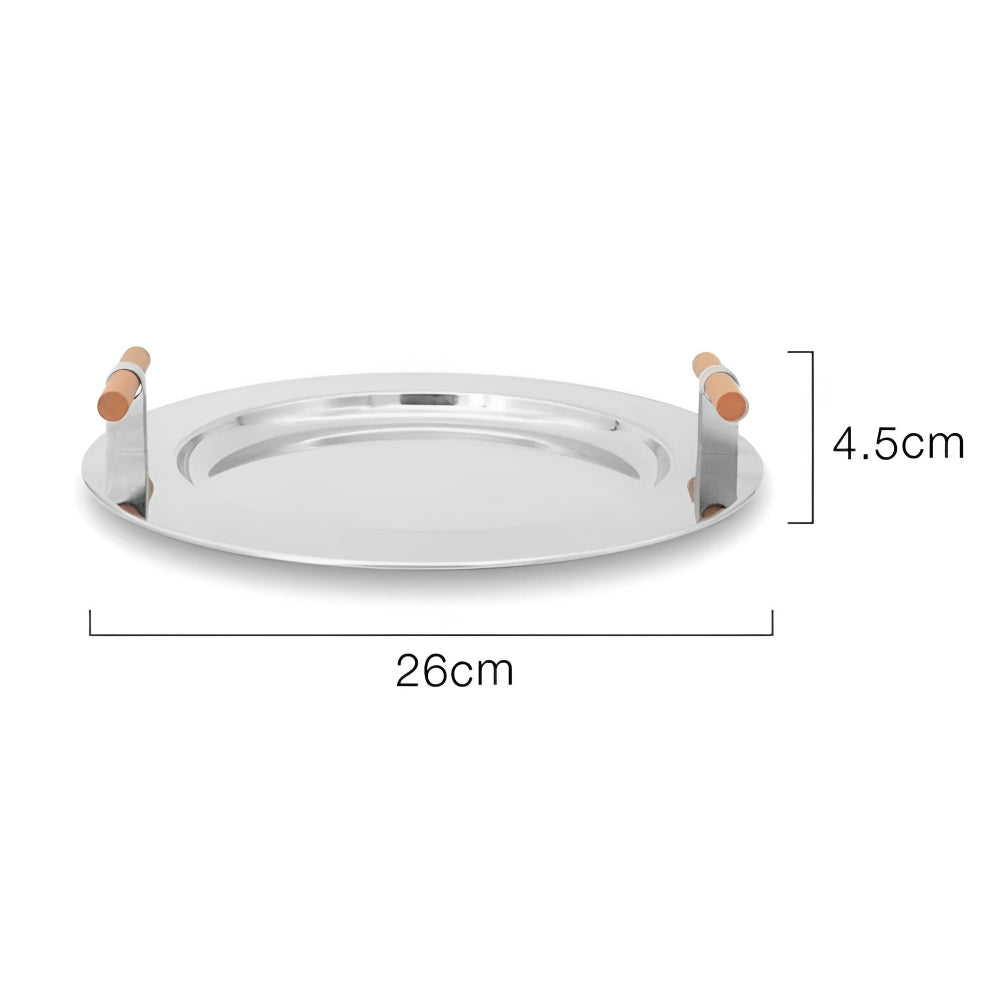 Stainless Steel Round Serving Tray with Wooden Handles
