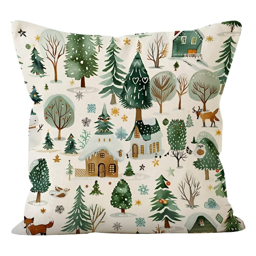 Winter Christmas Cushion Cover with Snowman and Reindeer Prints
