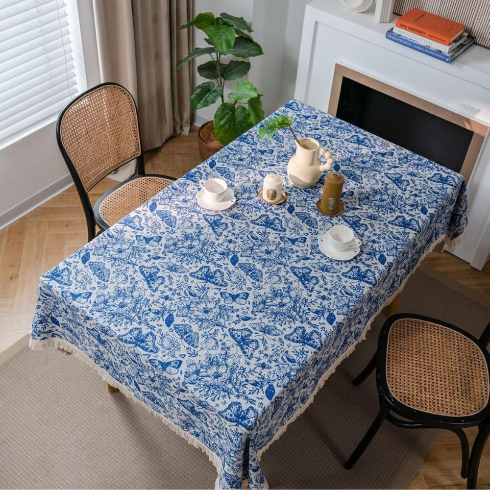 Bohemian Blue Butterfly Tablecloth with Tassel Trim