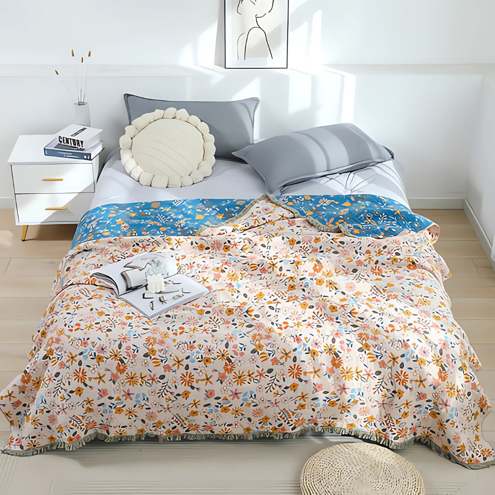 Reversible Floral Tassel Blanket in Cotton