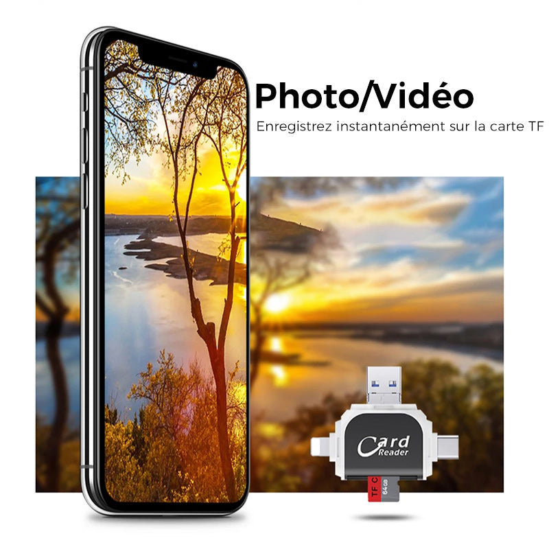 4-in-1 Universal SD TF Card Reader with Lightning and USB Connectors