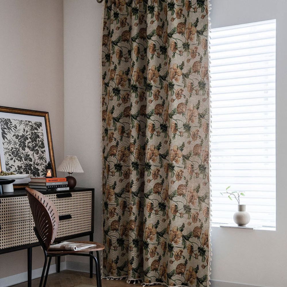 Beige Floral Light Filtering Curtain with Tassels