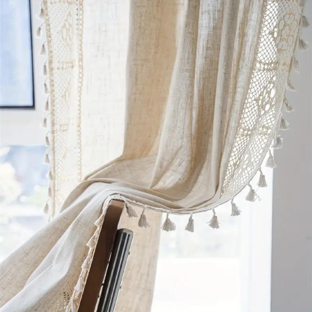 Linen Geometric Tassel Curtain for Rustic Decor