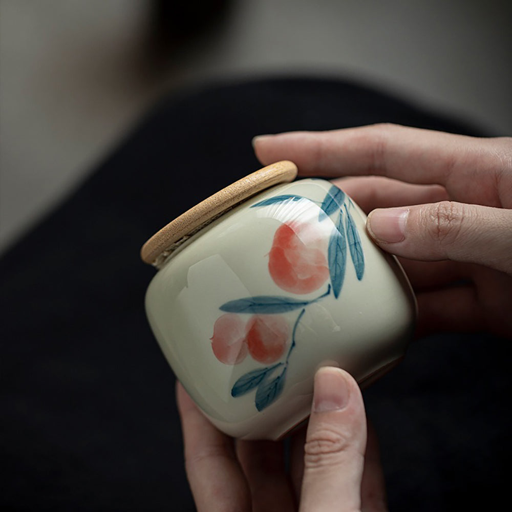 Hand-Painted Ceramic Tea Caddy with Jade-Like Glaze