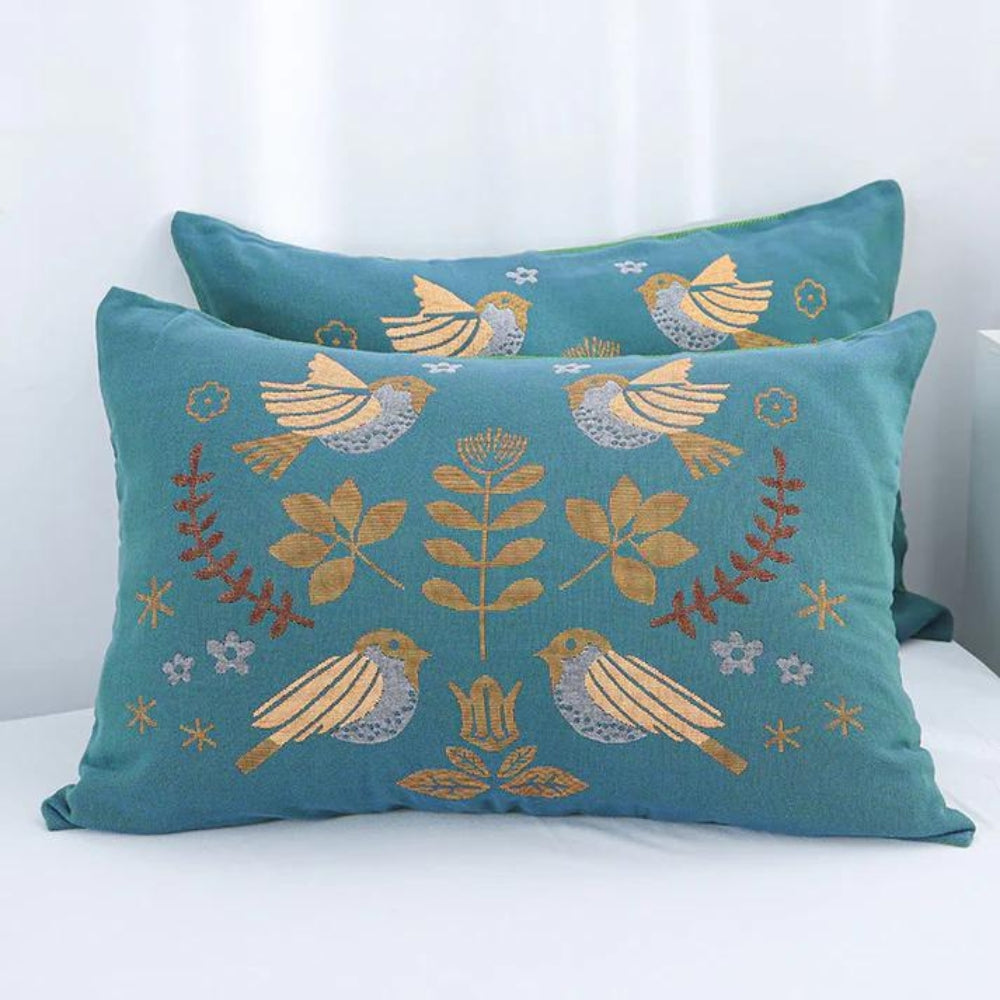 Scandinavian Cotton Gauze Pillowcases with Floral Bird Design